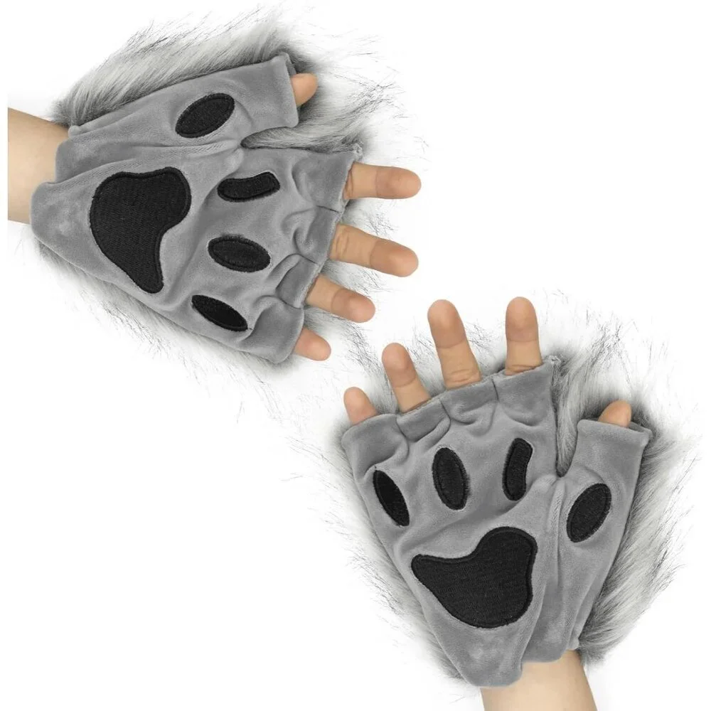 Furry Cat Fox Mask Tail Paws Gloves Set Costume Accessories for Halloween